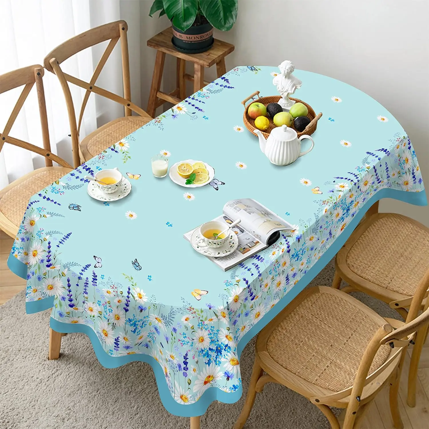 Daisy Tablecloth Blue Floral Rectangle Tablecloth Spring Summer Waterproof Durable Table Cover for Kitchen Table Outdoor Picnic