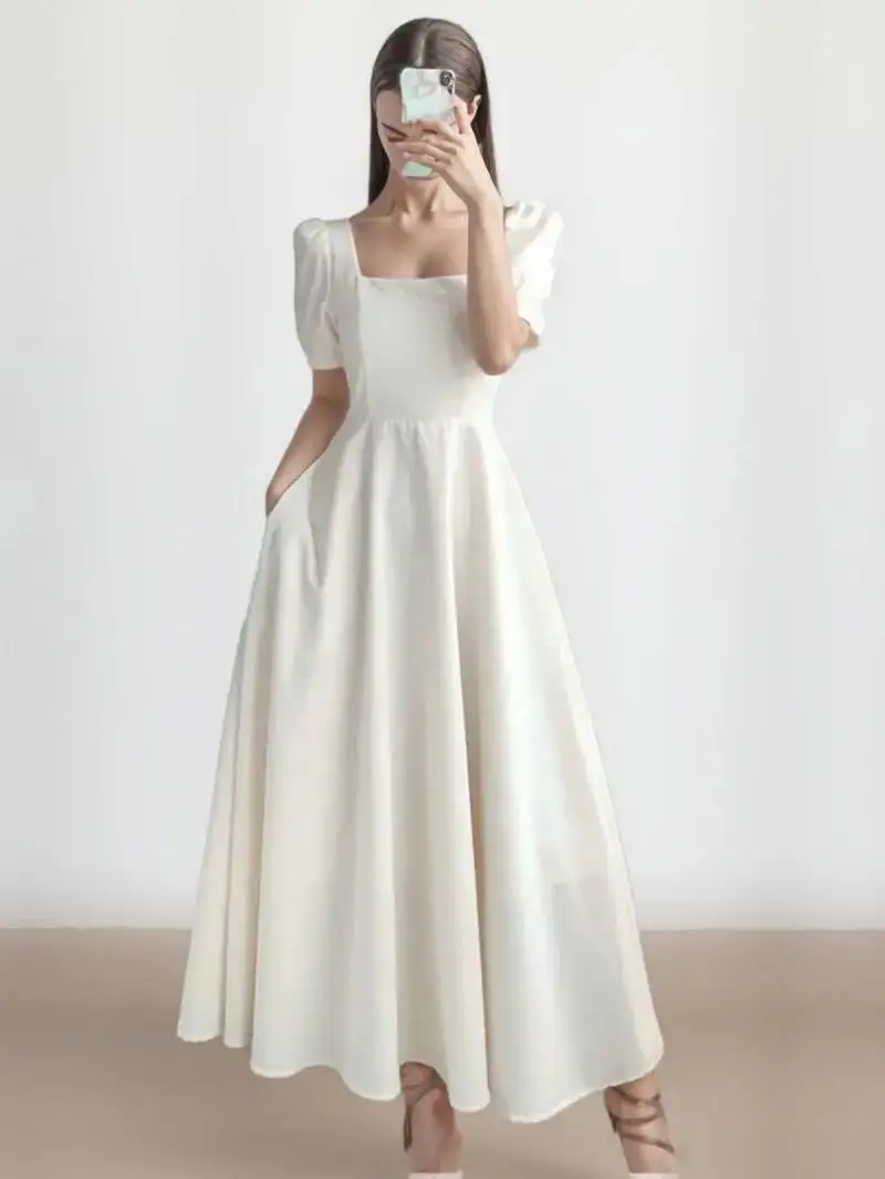 슬림핏 여성 화이트 드레스 버블 슬리브 스퀘어 넥 라이트 윈드 스타일 롱 스커트 여름 캐주얼 한국 스타일 FPXO