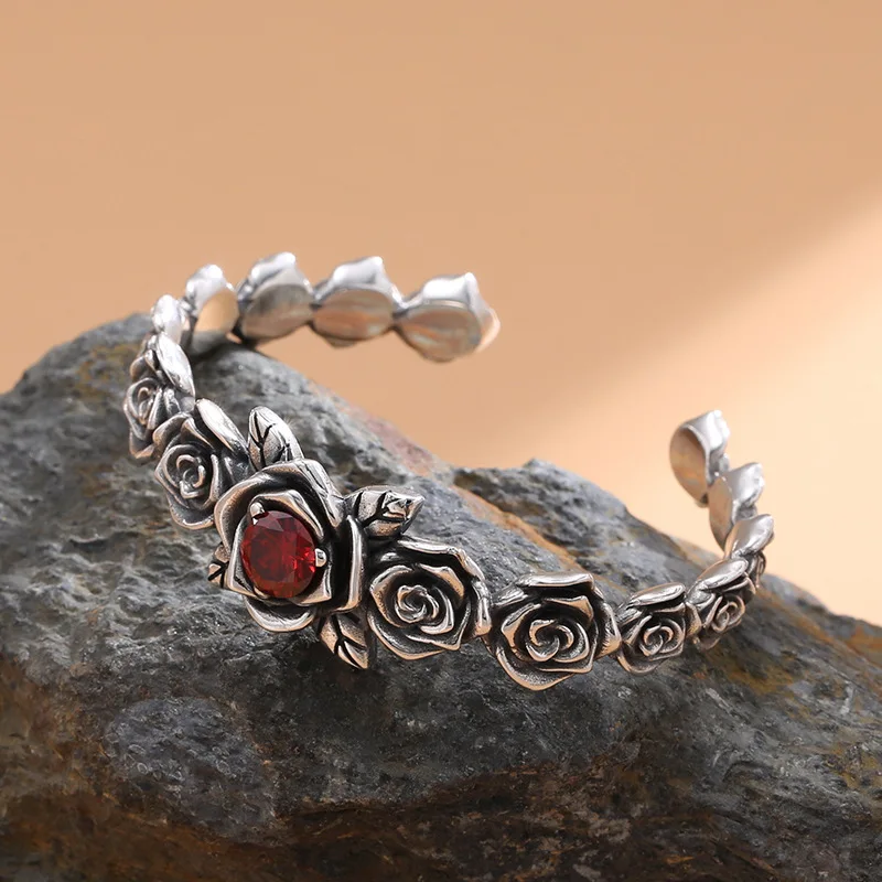 Sterling silver rose bracelet women's fashion trendy bracelet original heavy industry niche creative bracelet open bracelet