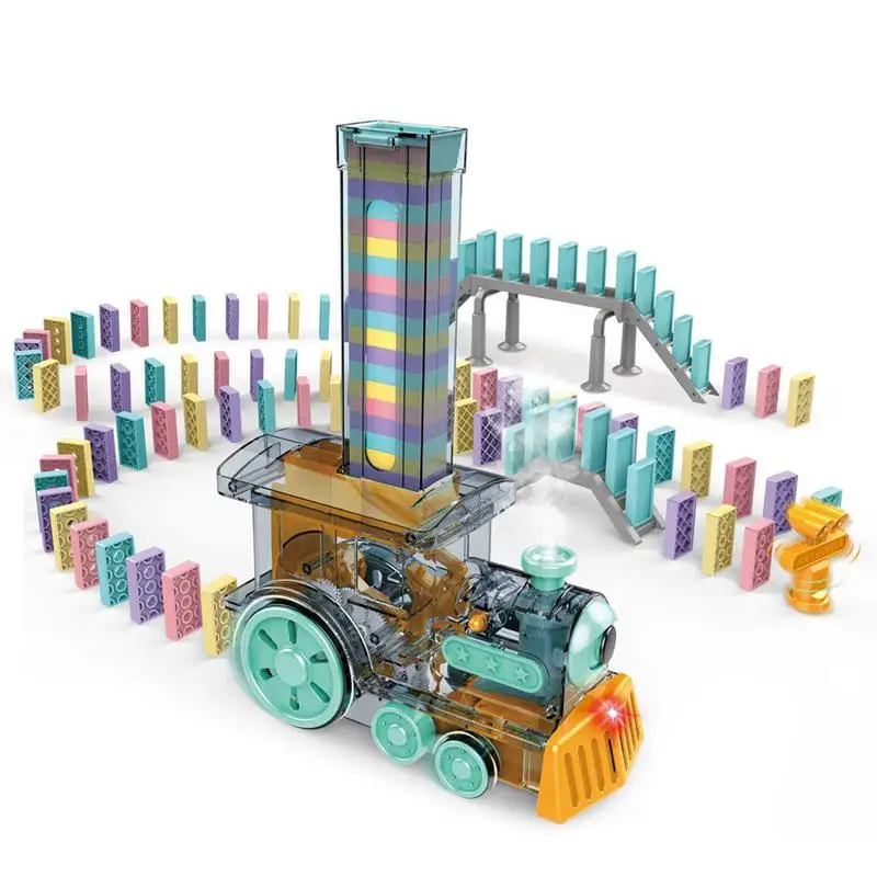 Set di domino per bambini Piccoli treni elettrici automatici Macchina per domino creativa con luci e suoni Giocattoli STEM per bambini Divertimento