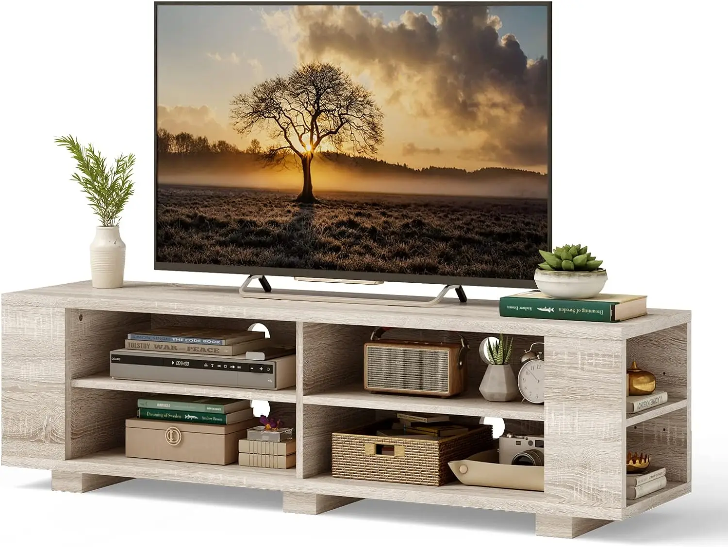 

Wooden TV Stand for TVs up to 65 Inch Flat Screen, Modern Entertainment Center with 8 Open Shelves, Farmhouse TV Storage