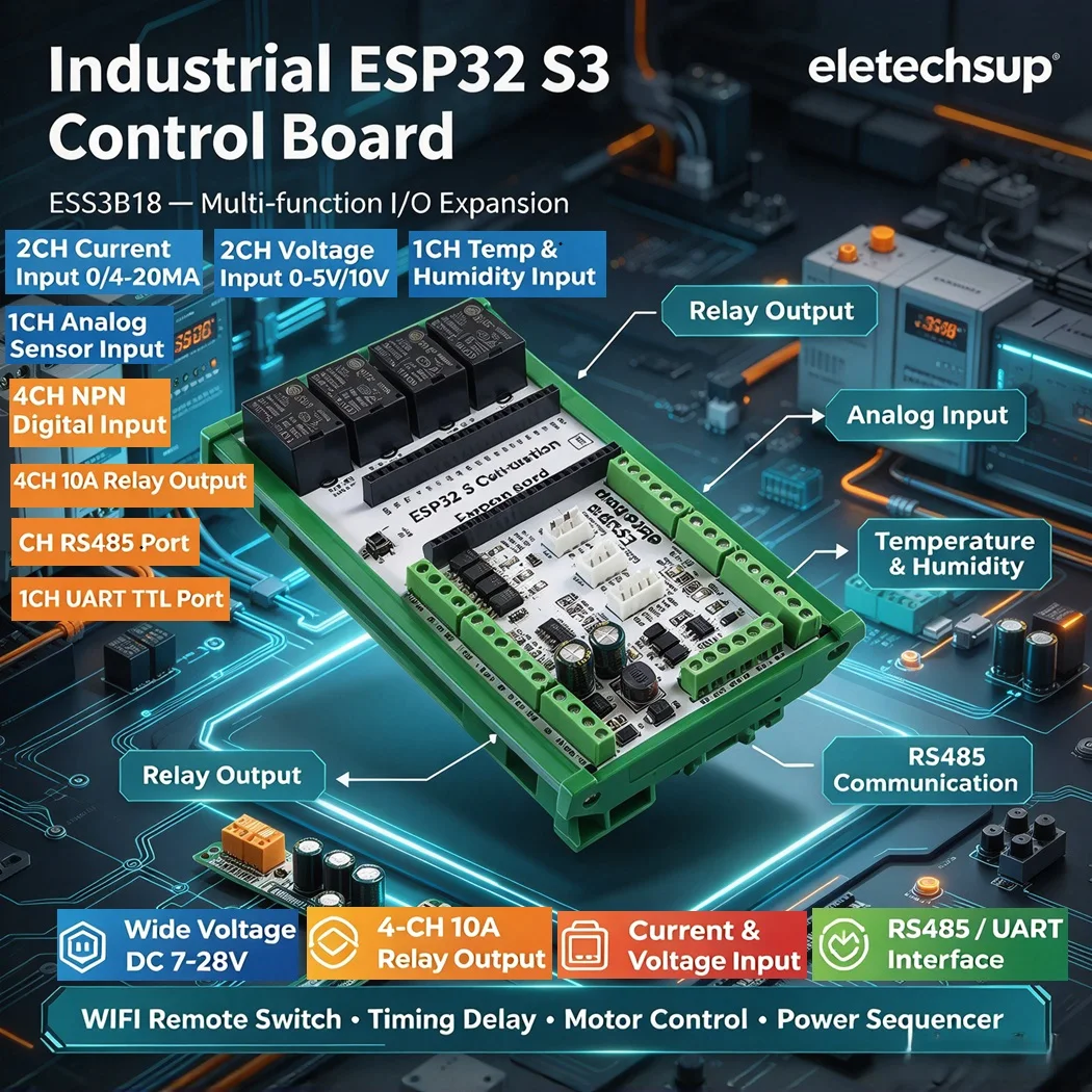 ESP32 S3 Expansion Board 4CH 10A Relay 2CH 4-20mA 0-10V Temp Humidity RS485 WiFi MQTT PLC IO Controller DC7-28V Arduino IoT
