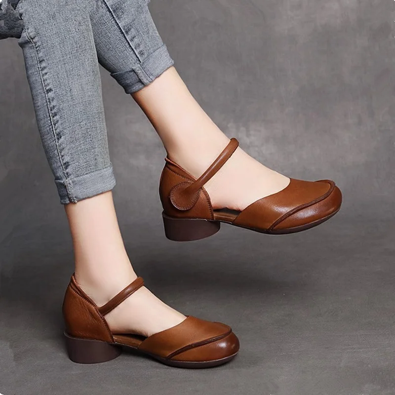 Comfortable Vintage Style Women's Sandals Head Layer Cowhide Thick Heel Soft Bottom Mule Shoes Casual Low Cut Leather Shoes