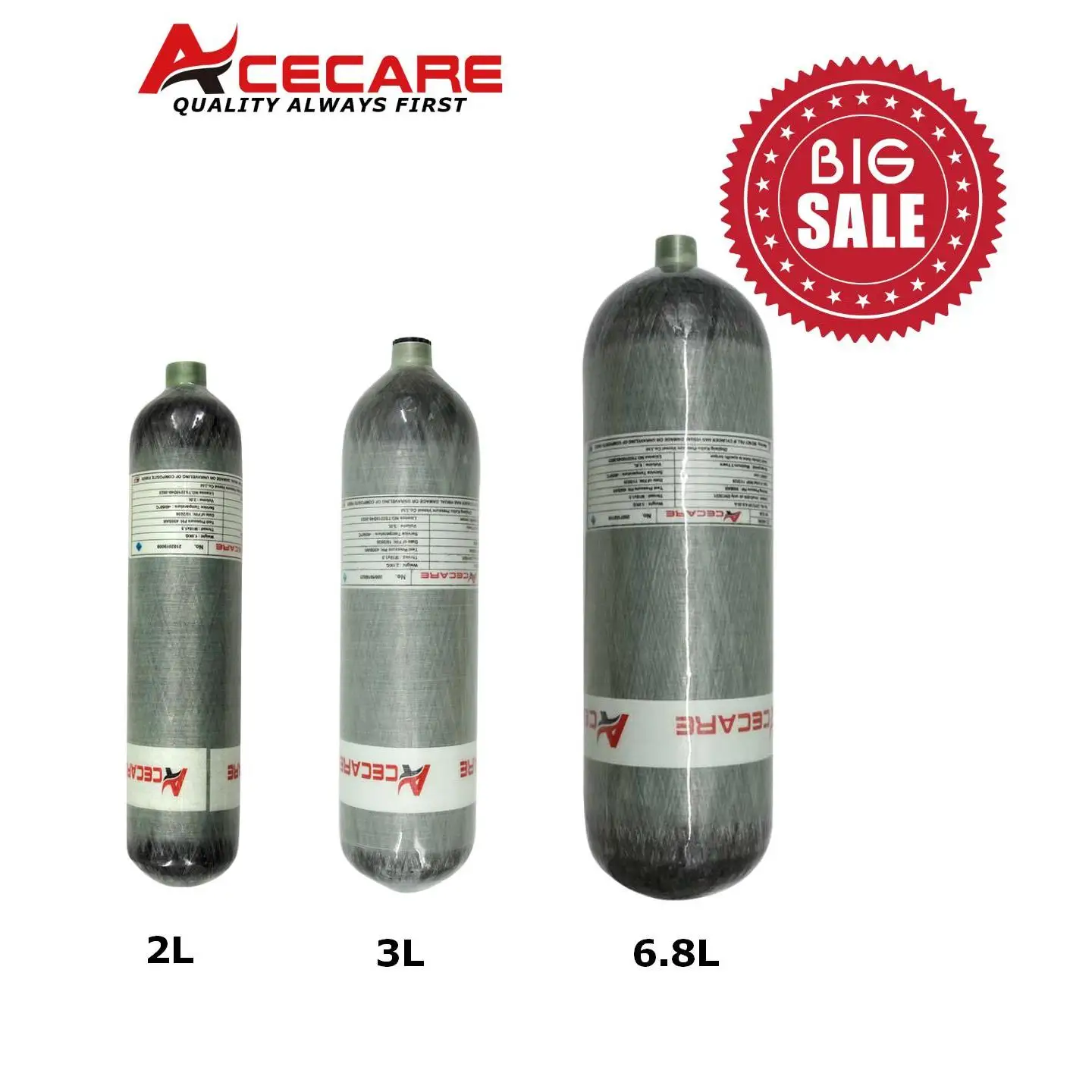 ACECARE 4500Psi 300Bar 30Mpa 6.8L/3L/2L Carbon Fiber Cylinder High Pressure Tank HPA Air Bottle for Diving Scuba M18*1.5