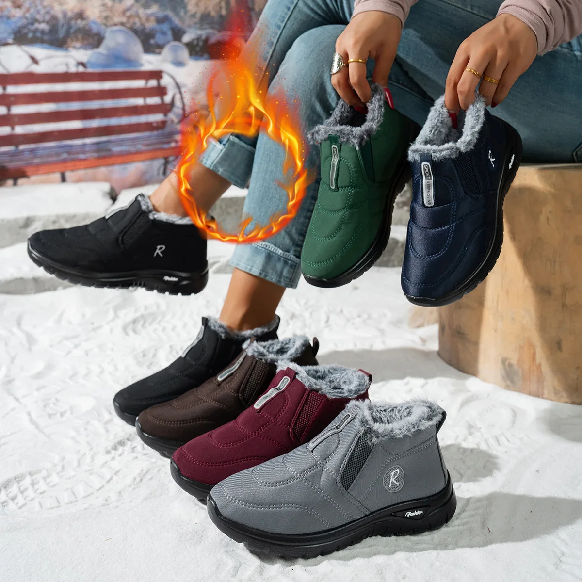 Damen-Knöchel-Schneestiefel, wasserabweisend, mit Plüsch gefüttert, seitlicher Reißverschluss, rutschfeste flache Sohle, warme, lässige Winter-Kurzstiefel – Detail 1