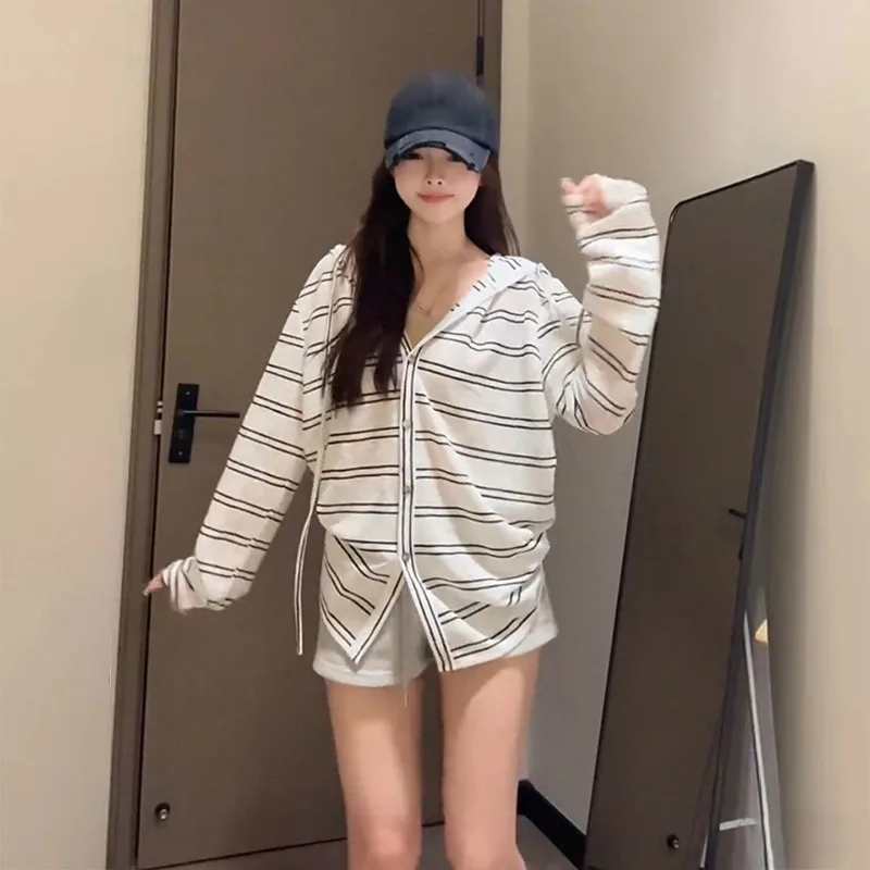 Blouse Jacket Cardigan Women's Summer Korean Style Cool and Refreshing Stripes Long Sleeve UV Protection Hooded Loose Fit Casual