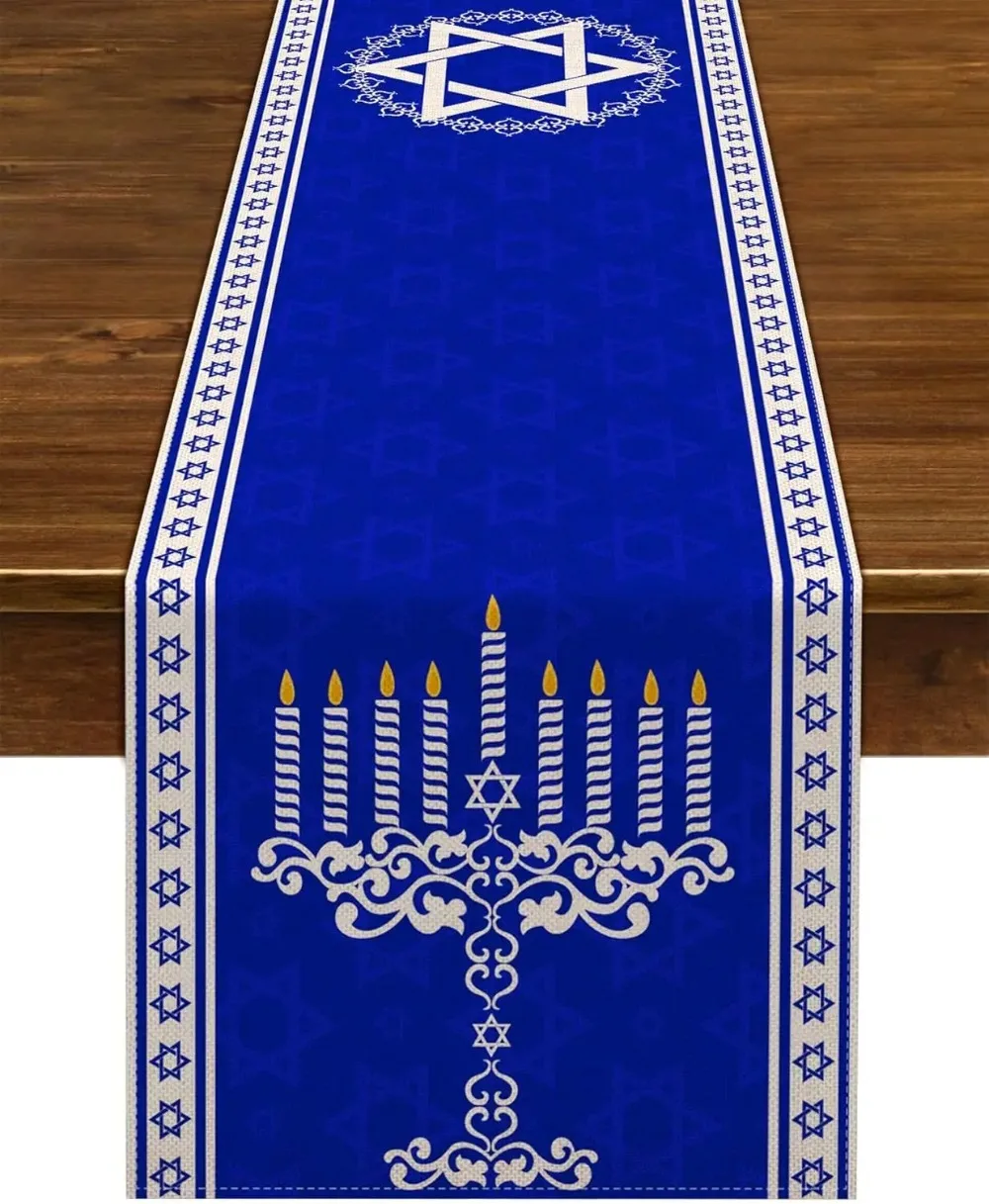 Hanukkah Linen Table Runner Dining Table Decor Jewish Chanukah Menorah Table Runners Dresser Scarf Kitchen Holiday Party Decor