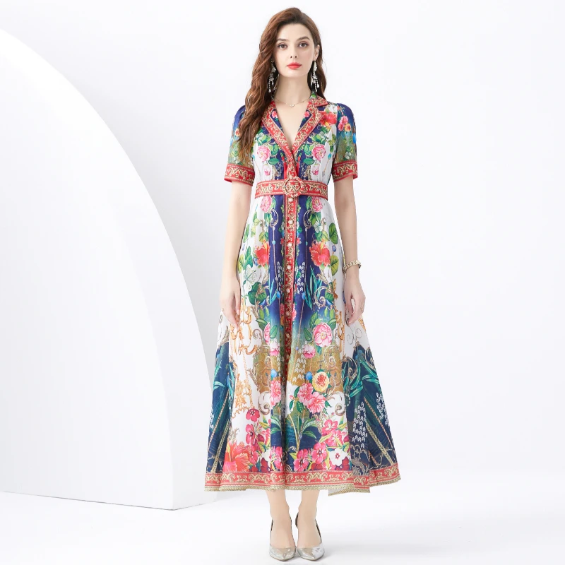 

2024 Resort-Resort-Style V-Neck Flared Sleeve Shaped Wave-Edge Long Gradient Print Dress F031