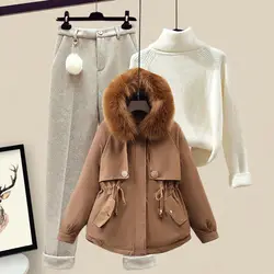 Women Winter Warm Thicken Tracketsuit Hooded Parkat Jacket+Pullover Sweater And Wool Pant Three Pieces Set Outwear Snow Suit