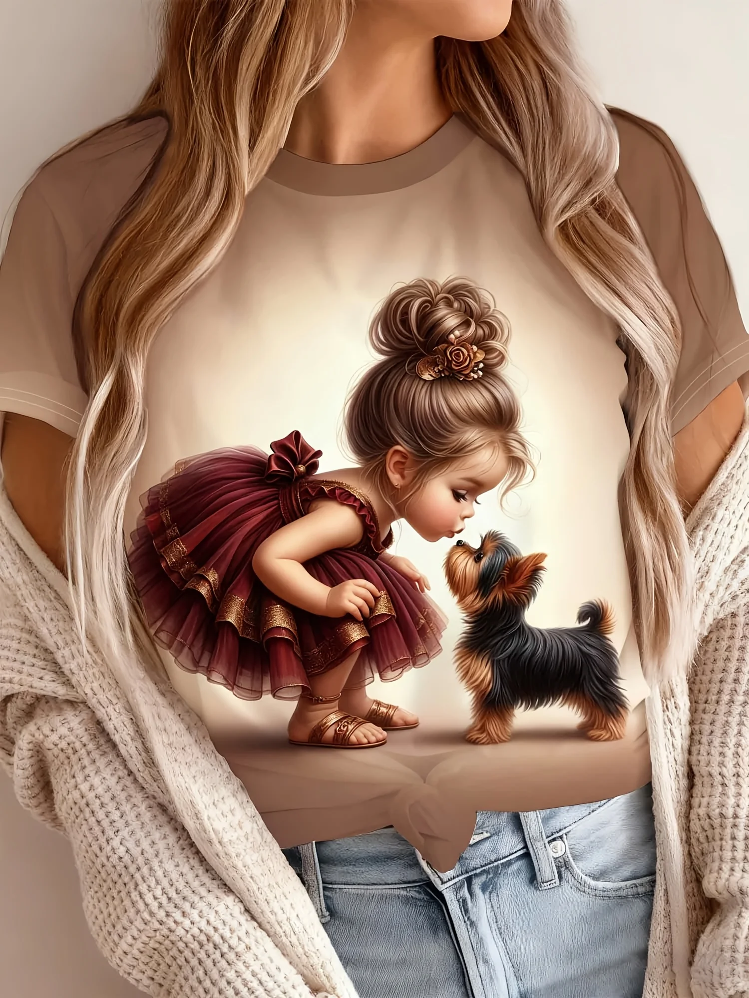 Women Crew Neck Short Sleeve T‑Shirt, Cute Little Ballerina Girl Kiss Yorkshire Puppy Graphic Print Casual Summer Tee