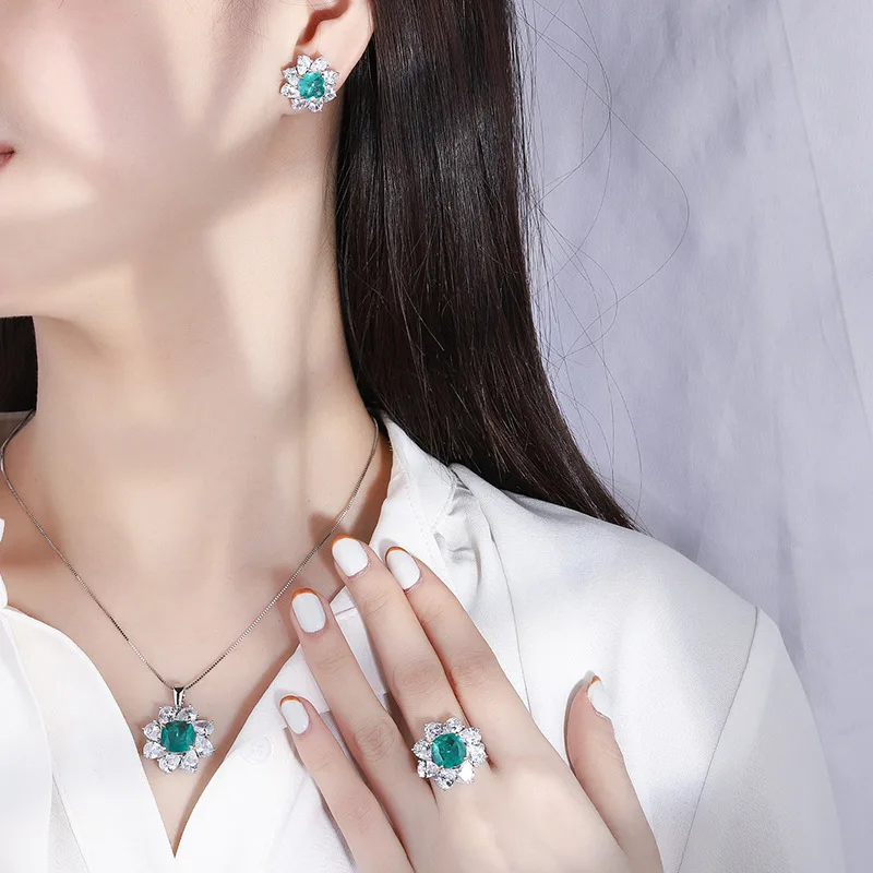 Jewelry S925 Silver Wood Emerald Green 10*10 Pendant Ring 8*8 Earring Set for Women