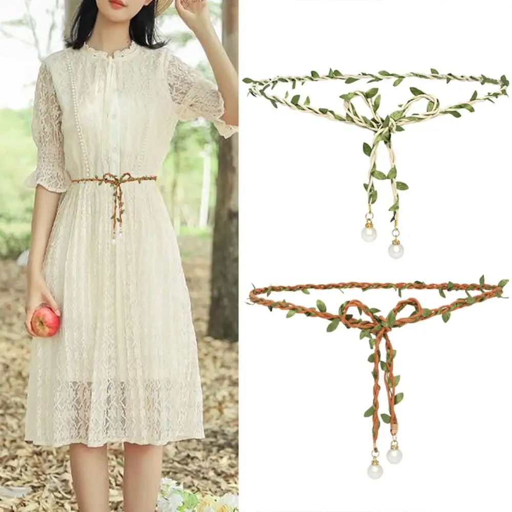 Ethnic Style Bohemian Thin Waistbands Korean Leaf Pearl Beaded Belts Dress All-match Waist Belts