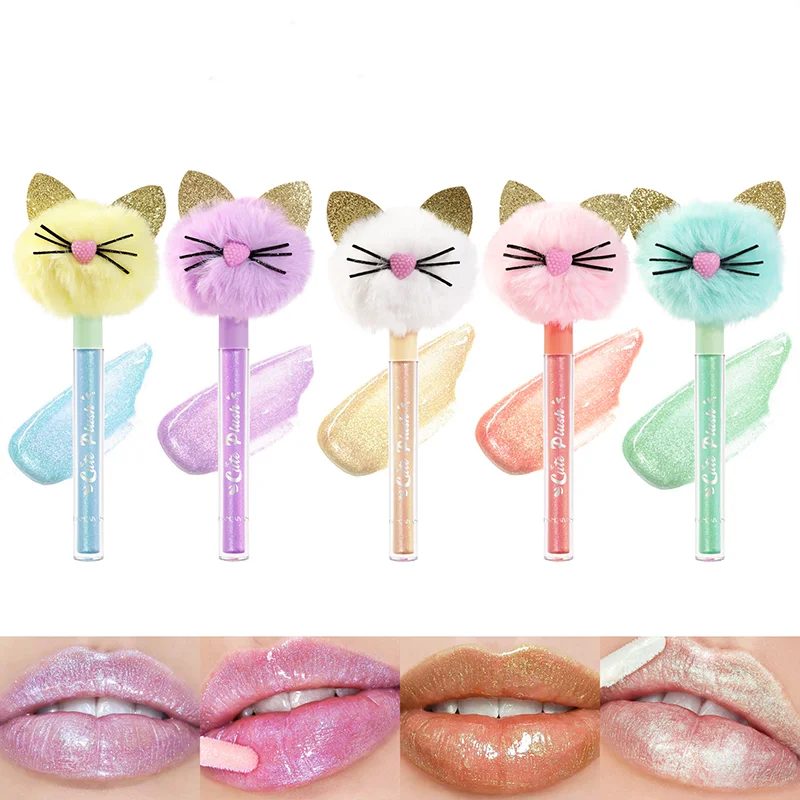 

New Mirror Pearlescent Lip Gloss Cat Head Plush Polarized Shine Moisturizing Hydrating Glossy Lip Glaze Long Lasting