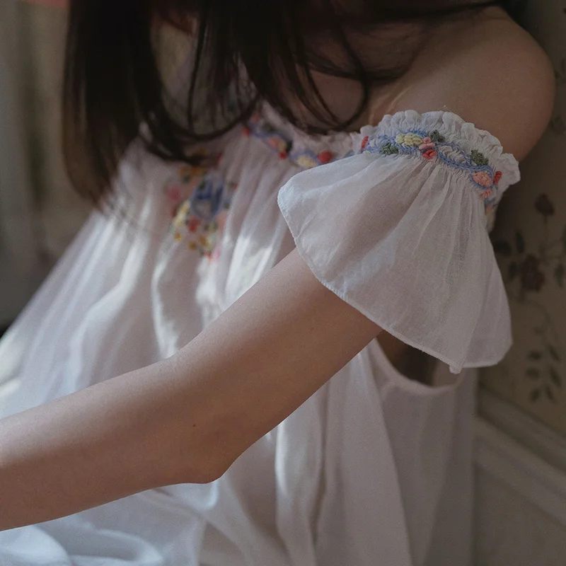 Original Design Transparent Beautiful French Hand Embroidered Sweet Nightgown 100% Cotton Outside Summer Sleepwear view 4