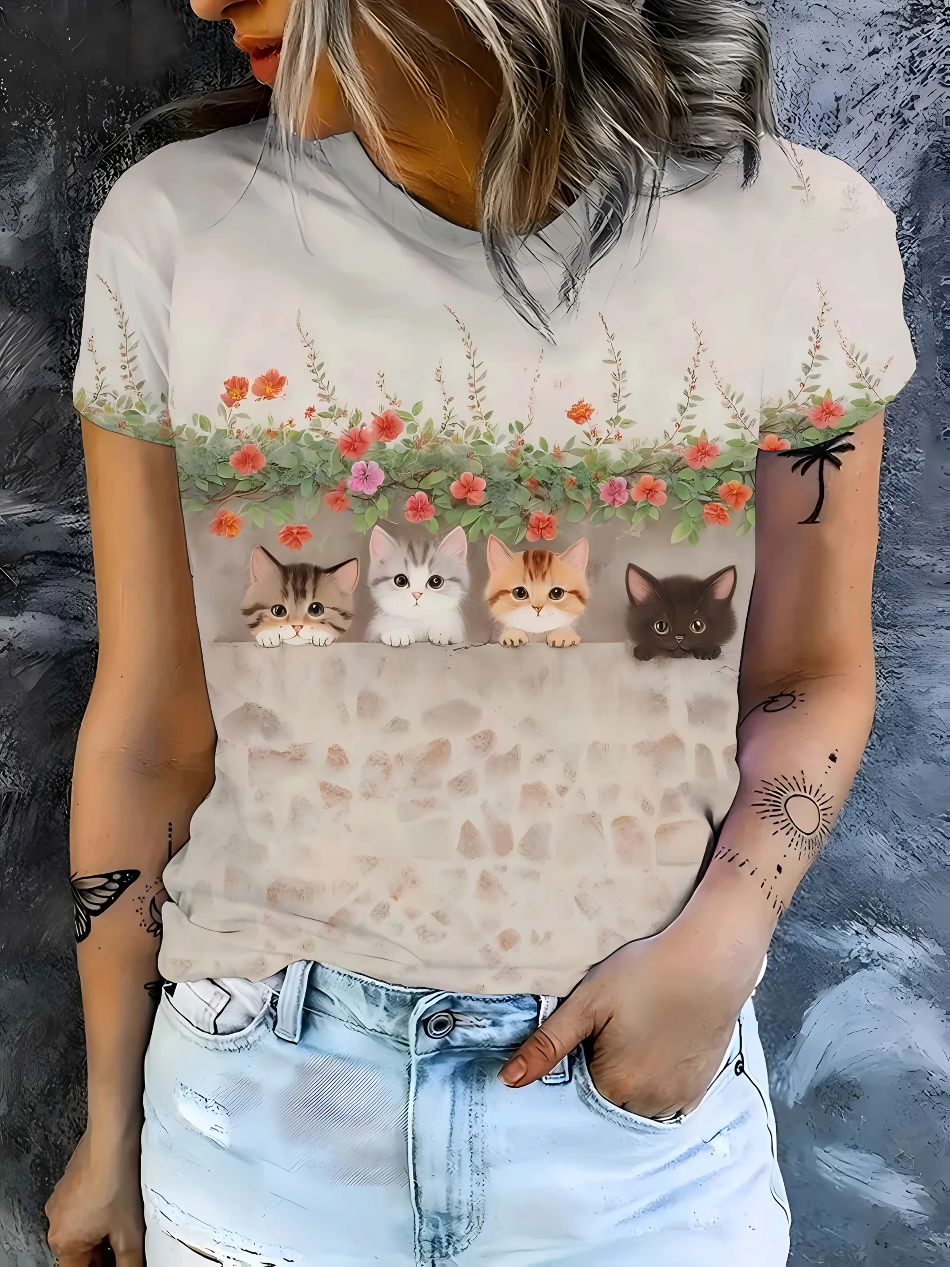 Women T‑Shirt Cute Kitten Cat Floral Stone Wall Print Fashionable Crew Neck Short Sleeve Street Daily Casual Top Women's Clothes