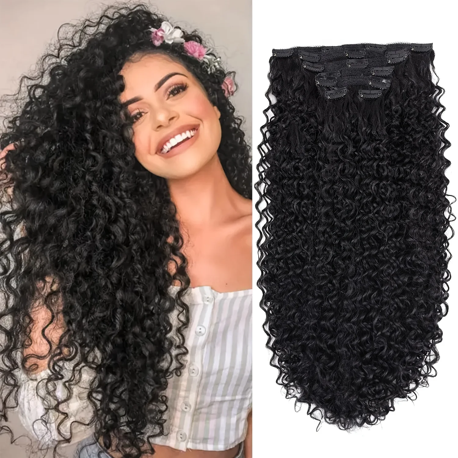 6pcs 24inch Clip In Hair Extensions Suitable for Women - Natural Black Curly Synthetic Hair Extensions with Clip-In Hairpieces