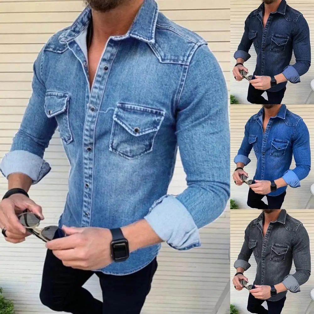 Camisa vaquera de manga corta para hombre, camisas vaqueras de algodón suave con dos bolsillos, camisas vaqueras elásticas ajustadas, primavera y otoño