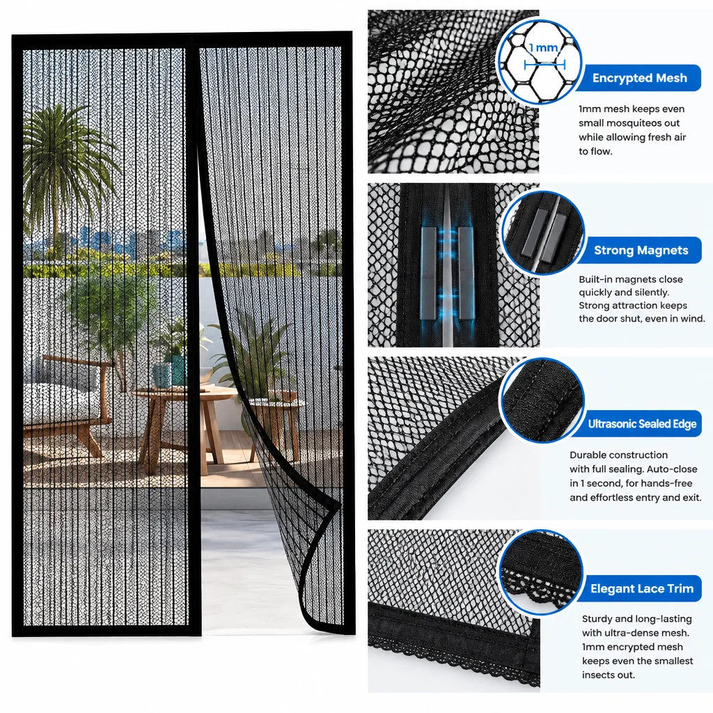 Heavy-Duty Retractable Magnetic Screen Door with Seamless Mesh, Pet-Friendly Insect Barrier, Durable Polyester Fiber, No Electri