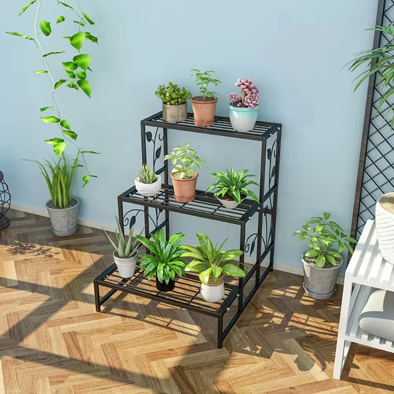 3-Layer black bracket garden shelf suitable for large flower pot rack display rack