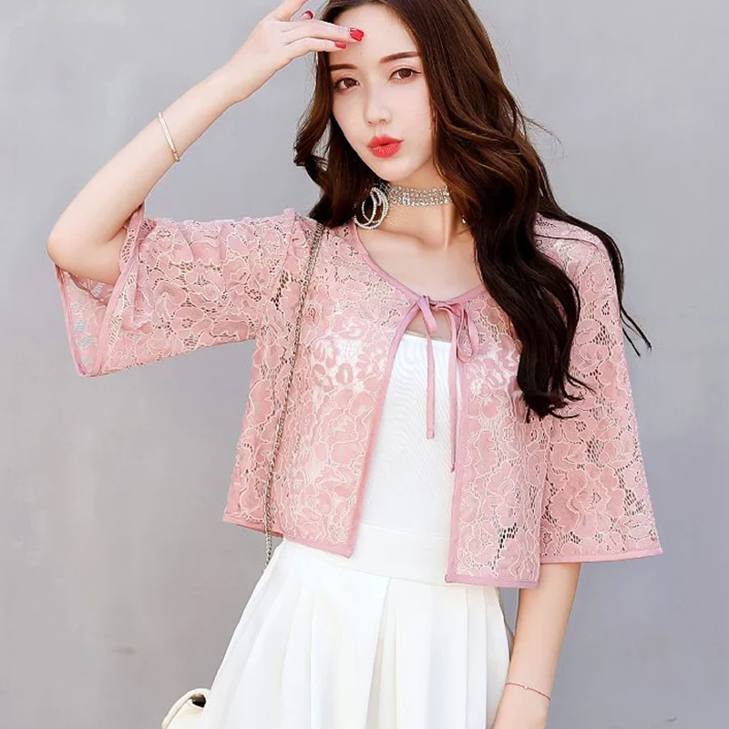 Rimocy 2024 Summer Flares Sleeve Lace Cardigan for Women Summer Lace Up Sunscreen Coat Female See Through Ice Silk Crop Tops