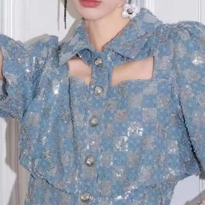 Glitzer Schachbrett Denim Stoff mit Pailletten bestickten Perlen gewaschen hochwertige Materialien für Kleid Rock Tasche Kleidungs stück DIY