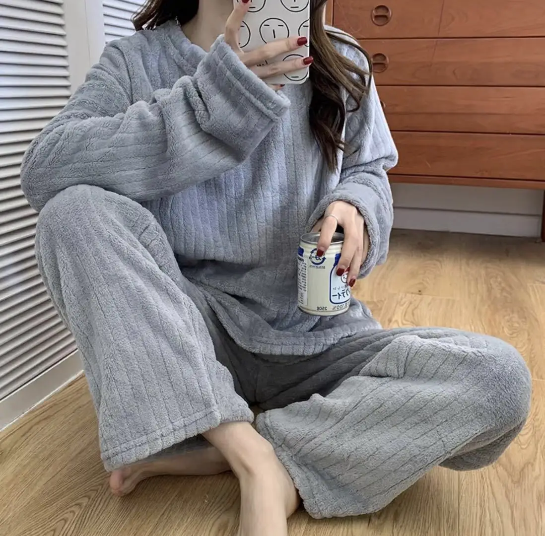 New Women Pyjamas Sets Warm Pajama Flannel Thick Homewear Long Sleeve Cartoon Sleepwear Female Pajamas Suit Wearable 2 Piece