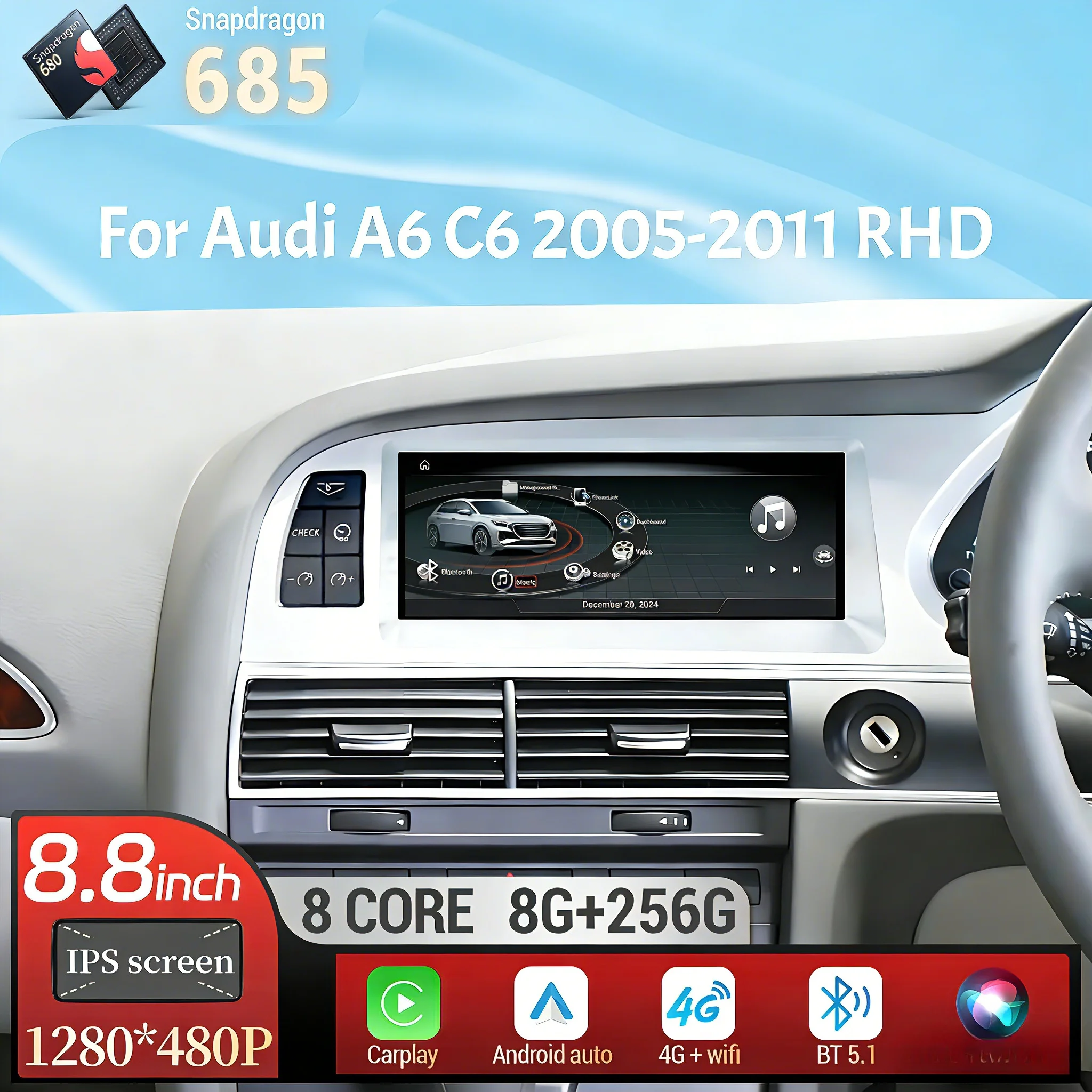 8.8 inch Right Hand Drive Android 13 Qualcomm Snapdragon 685 For Audi A6 2005-2011 Car Radio Wireless BT Carplay Touch Screen