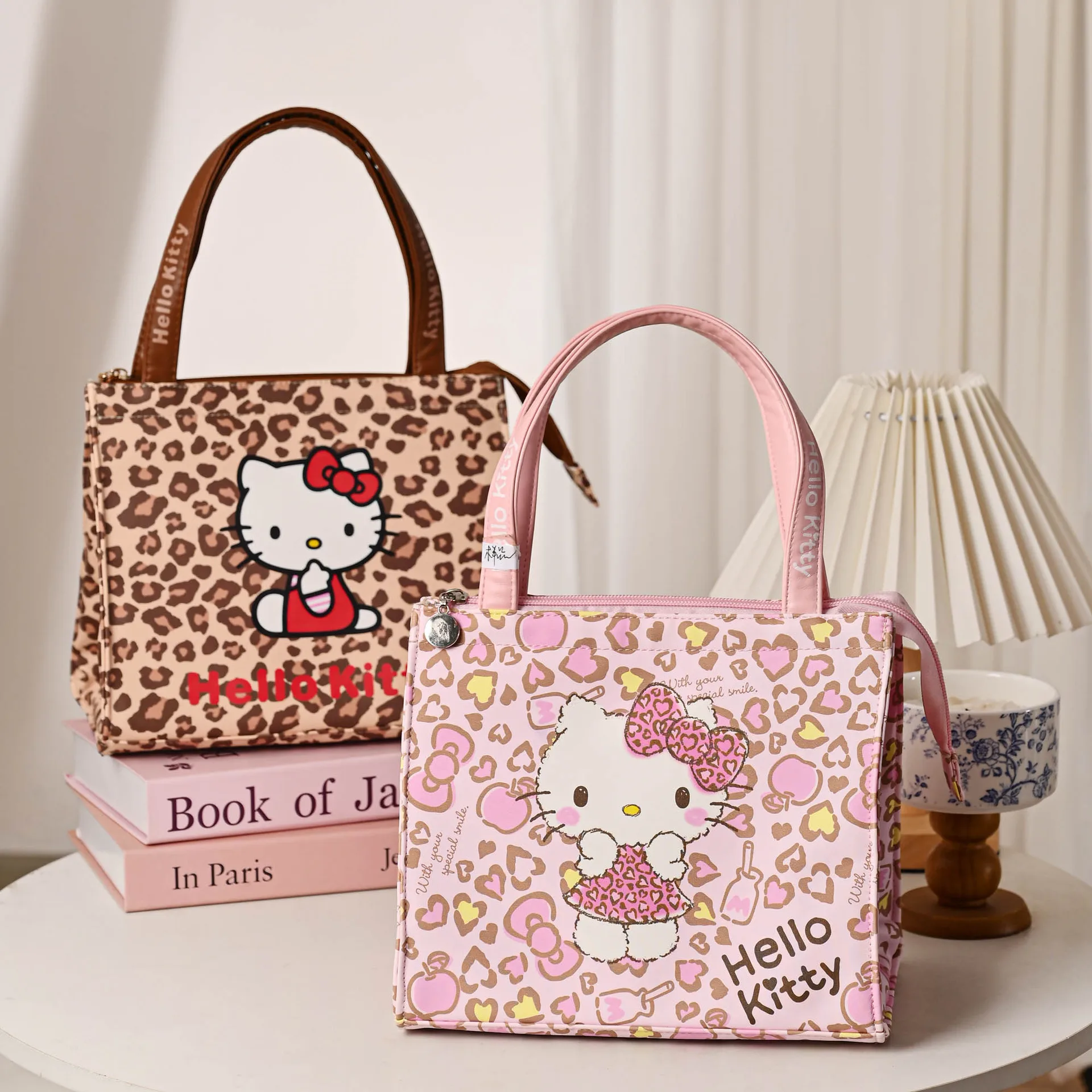 

Сумка-тоут Sanrio Hello Kitty с милым леопардовым принтом, большая вместительная холщовая сумка с ручкой для повседневного использования, подарок для девочек