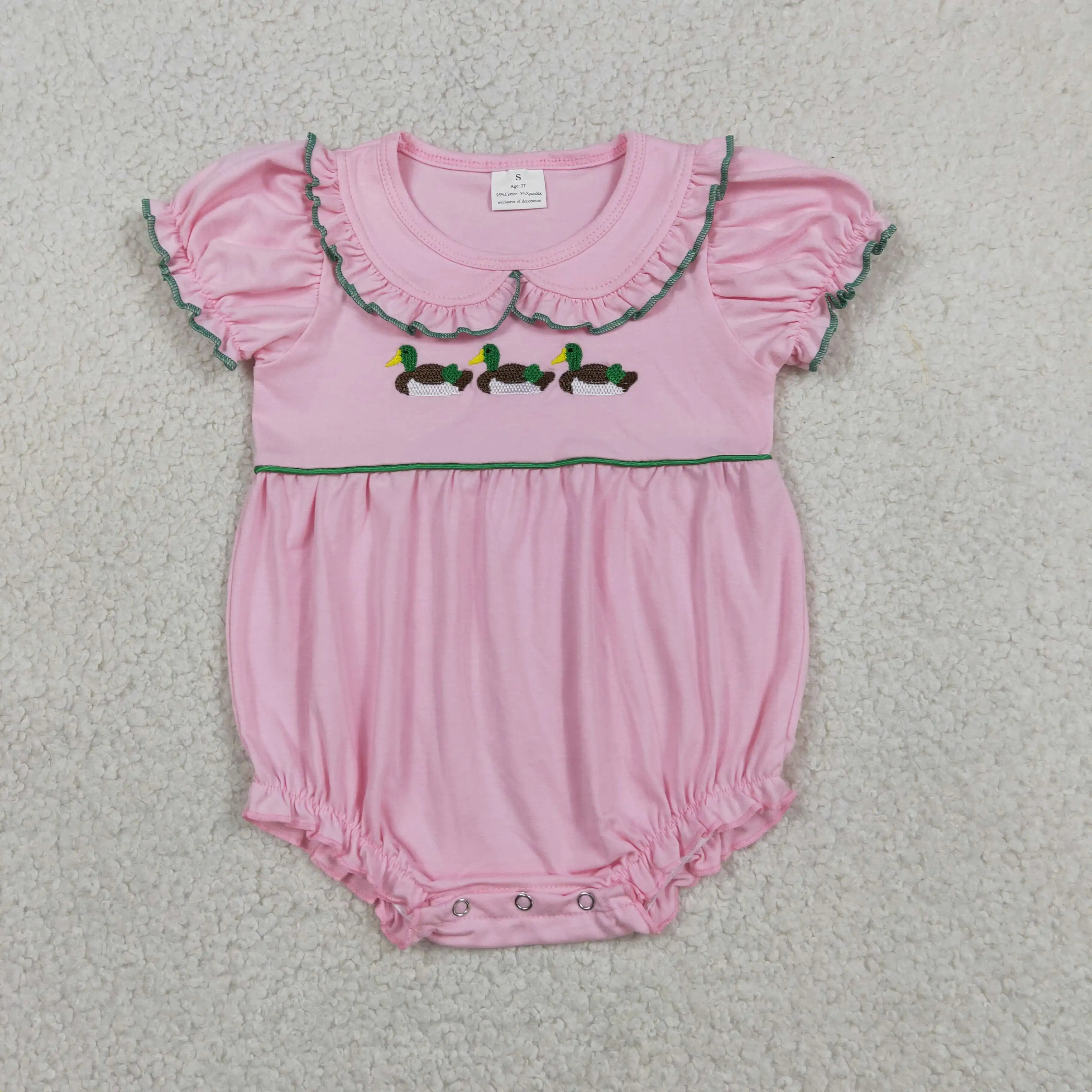 

Wholesale Newborn Embroidery Ducks Bubble Romper Toddler Kids Short Sleeves Cotton Clothes Baby Girl Children Pink Clothing