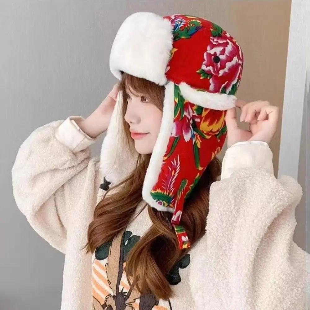 أزياء الشتاء الدافئة سدادات حماية الأذن قبعة الرجعية العرقية نمط زهرة القماش ليو فنغ قبعة سميكة هود كاب للنساء #5