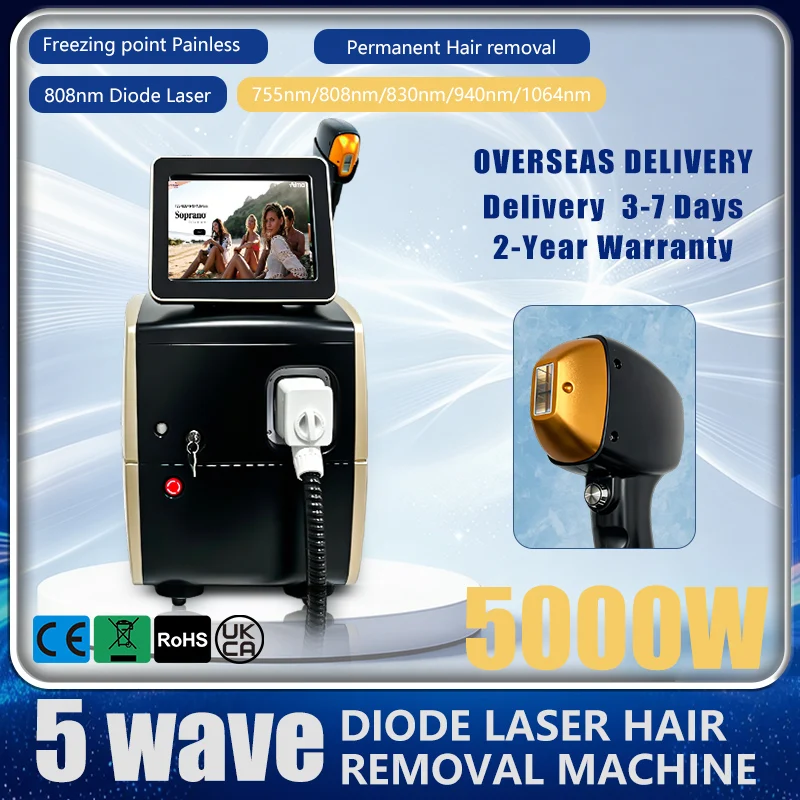 2025 Upgraded 5-Wave 5000W Laser Hair Removal Device 808/755/810/940/1064nm Diode Cooling for Permanent Hair Removal in Beauty