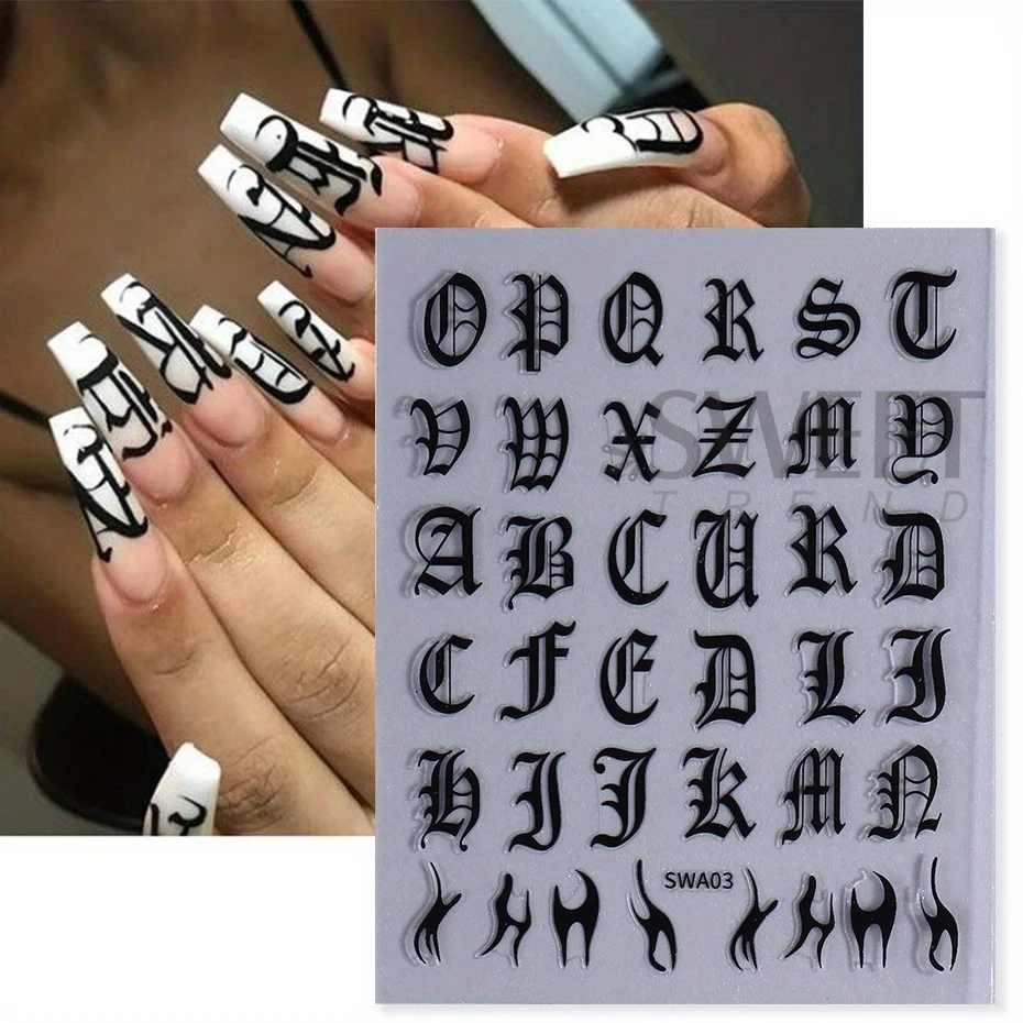 Pegatina para uñas con letras góticas, deslizador adhesivo del alfabeto inglés, diseño moderno, inscripción Y2K, punta decorativa para manicura, color blanco y negro, 2 uds.