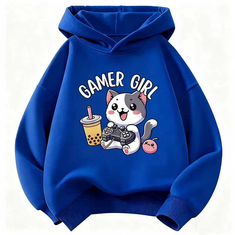 Cute Cat Gamer Girl Graphic Hoodie Kids Children's Sweatshirt Hoody for Boys Girls Autumn Spring Casual Hoodies
