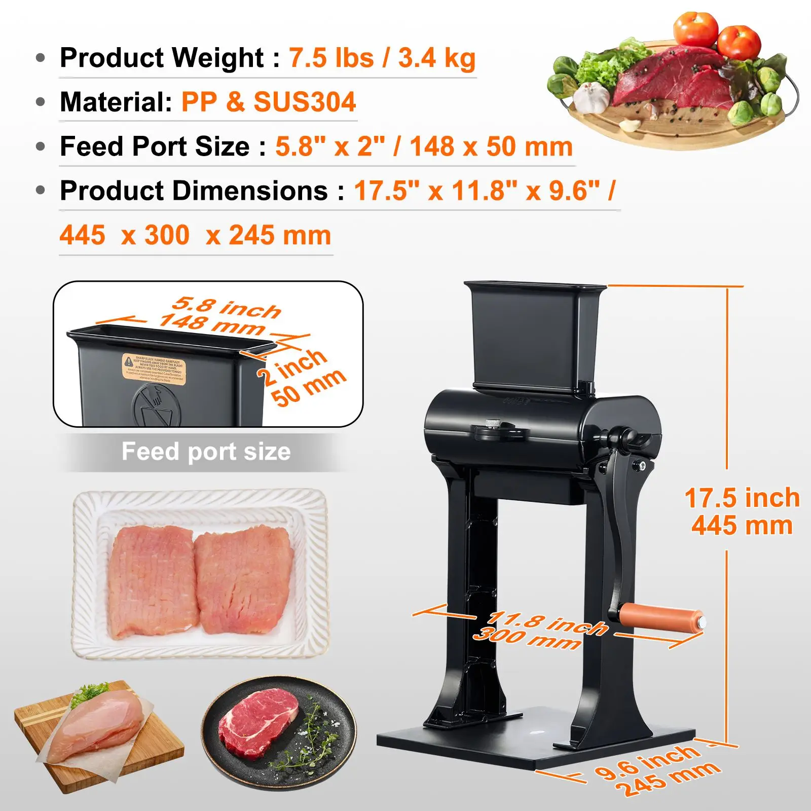 Commercial Meat Tenderizer, Heavy Duty Stainless Steel Meat Tenderizer Machine, Quick and Easy Manual Operation Kitchen Tool, 5.8