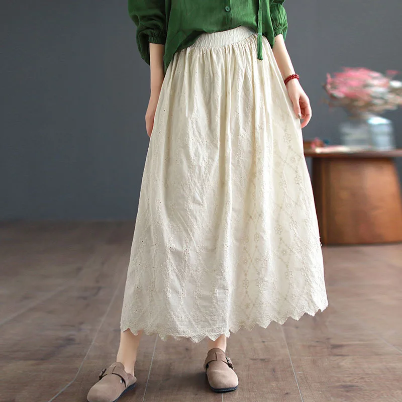 

NINI WONDERLAND 2024 Spring Cotton Embroidery A-line Pleated Vintage Skirt Summer Women Elastic Waist Loose Casual Skirts