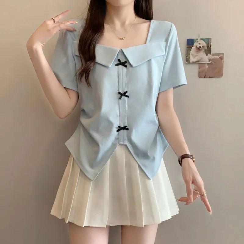 

Women's Square Neck Shirt Bow Decoration Short Sleeved Irregular Blouses Summer Casual Versatile Famale Pullover Top