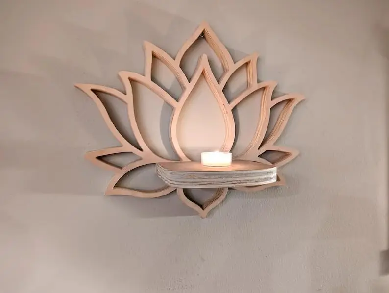 Lotus Flower Wooden Wall Shelf, Bohemian Floating Shelf, Natural Wood Decorative Shelf for Living Room Bedroom Bathroom, Handmad