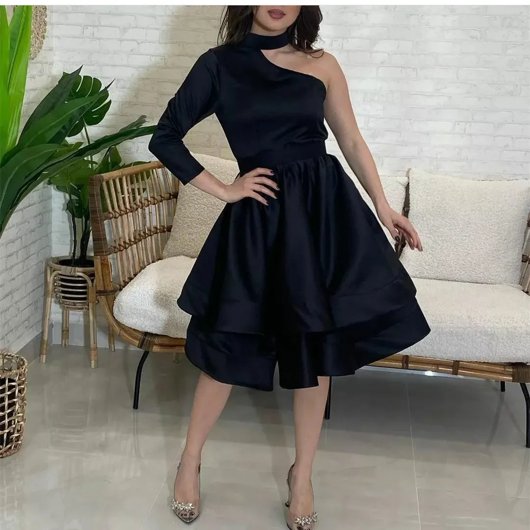 

BridalAffair Vintage Short Satin Halter Evening Dresses With Pockets A-Line Black Pleated Tea Length Prom Dresses for Women