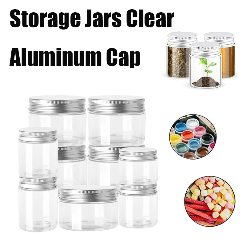 Frascos cosméticos vazios de plástico transparente com tampa de alumínio, recipientes de maquiagem para cuidados com a pele, pote de amostra de creme, frascos de especiarias, garrafa de viagem, 1 a 10 peças