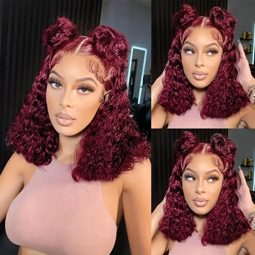 Imagen 2 del producto Borgoña onda profunda 13x4 encaje Frontal Bob peluca 200% densidad 99J color Remy onda de agua Frontal pelucas de cabello humano pelucas prearrancadas