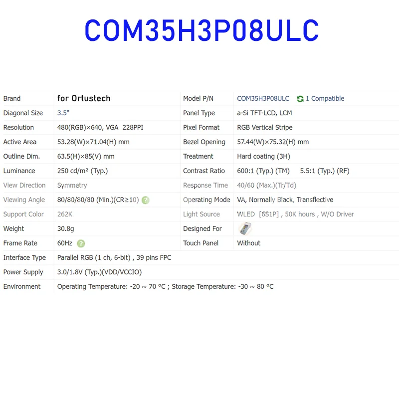 COM35H3P08ULC 3.5 Cal oryginalny LCD Panel wyświetlacza dla Ortustech nowy i szybka wysyłka 100% testowane