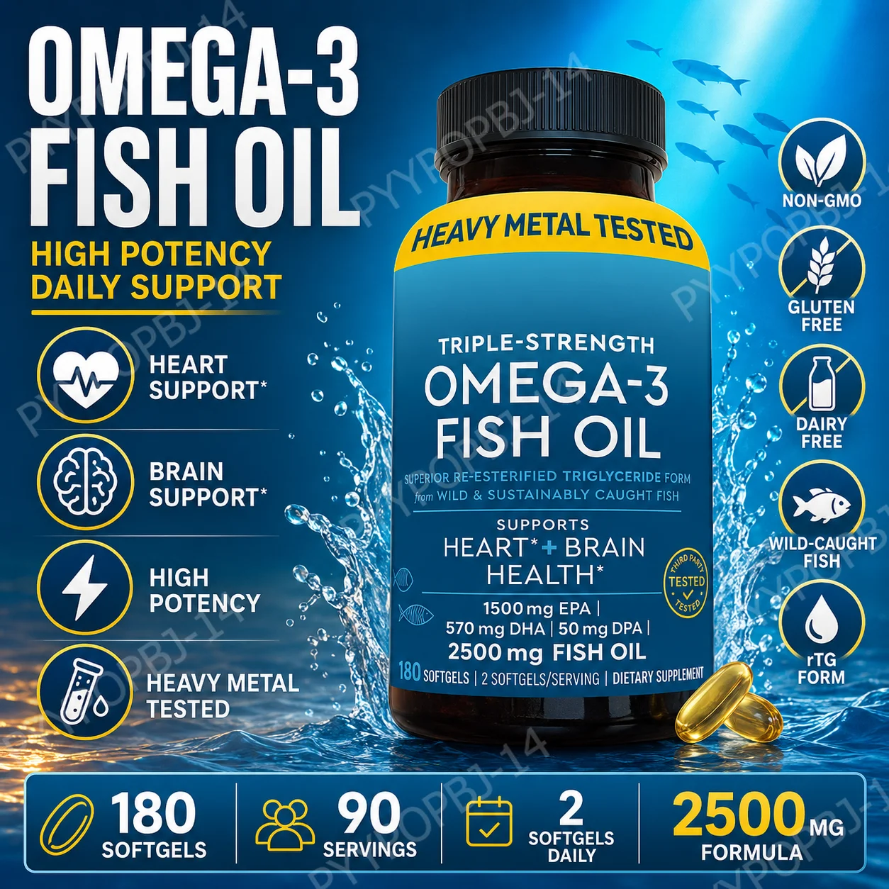 Omega-3 Fish Oil Softgels 2500mg, EPA DHA DPA RTG Form, 180 Count, Non-GMO Gluten Free Daily Wellness Supplement for Adults