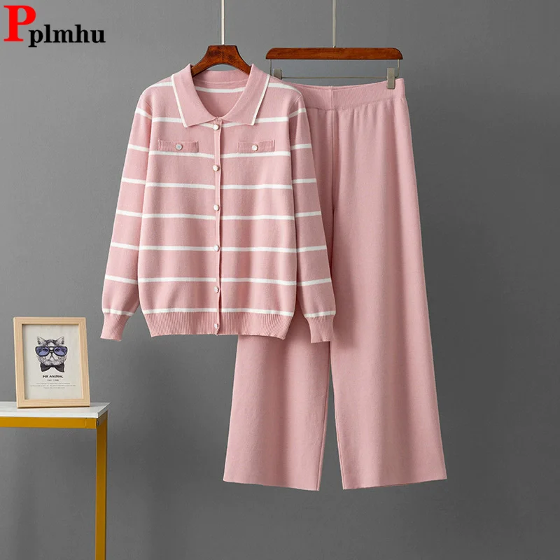 

Модные свободные вязаные комплекты из 2 предметов, женский полосатый дизайн, вязаный свитер, пуловер, топы, Conjuntos, прямые брюки с высокой талией, наряд