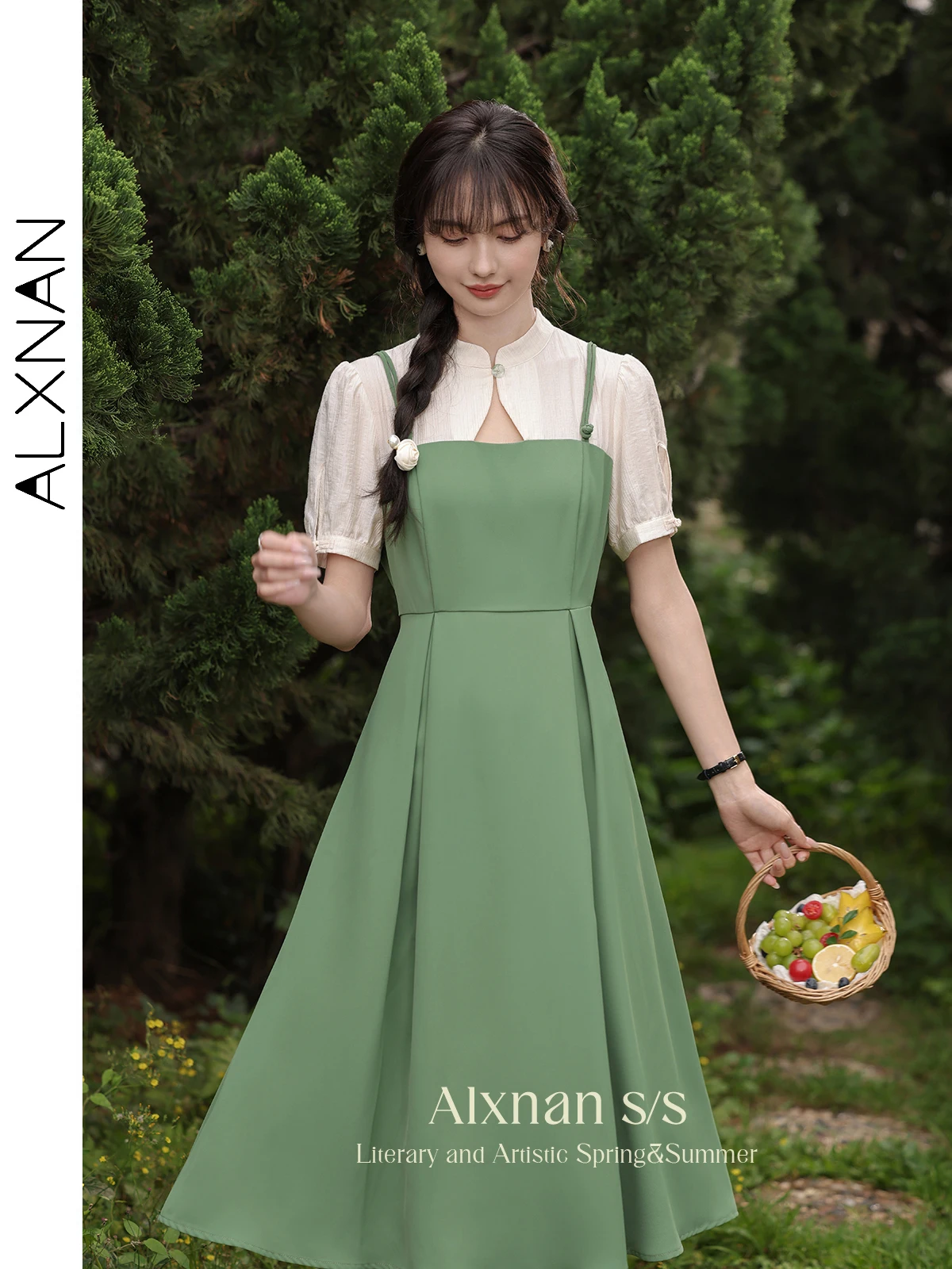 

ALXNAN 2 in 1 Contrast Summer Dresses Women 2024 Chiness Style Elegant Short Sleeve Fitted Midi Dress Womans Clothing L35310