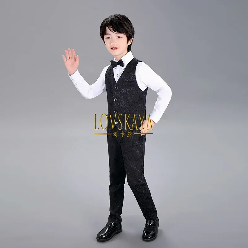 Set tiga potong jas tailcoat tampan, pertunjukan piano anak laki-laki host, black jacquard berwarna payet tampan