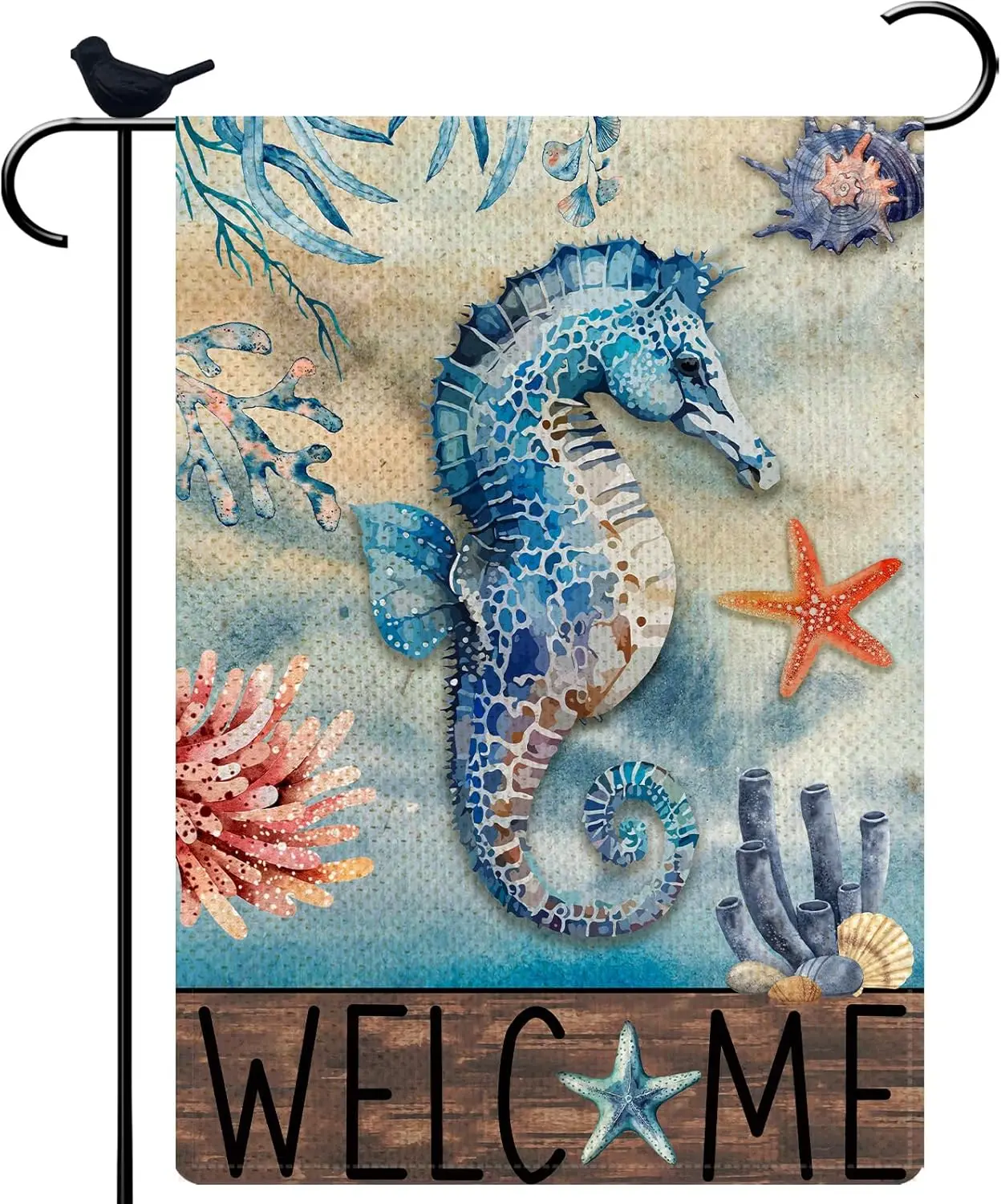 Seahorse Welcome Summer Garden Flag Sea Beach Burlap Garden Flag 12.5 x18 Inch Double Sided Rustic Seasonal Ocean Yard Flag Outd