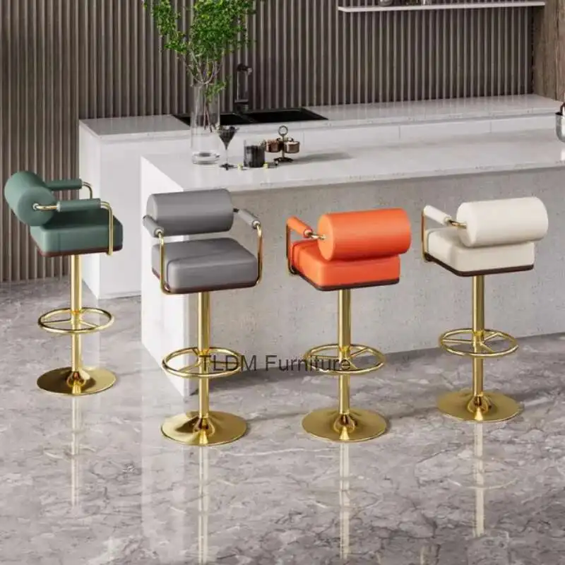 

Arm Rest Adjustable Bar Stools Quality Trendy Gold White Swivel Bar Chairs Metal Comfortable Taburete Cocina House Accessories