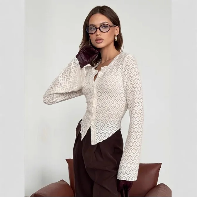 

2026 New Arrival French Style White Lace Blouse Women Hollow Out Flared Sleeve Buttoned Slim Fit Office Commute Top