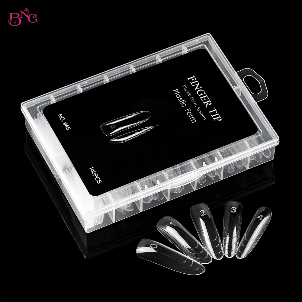 BNG جديد 70/140 قطعة أظافر شفافة مزدوجة الشكل بولي تمديد هلام قوالب قابلة لإعادة الاستخدام أكريليك أظافر أشكال 12 أنواع نصائح كاذبة مع خط مقياس #5