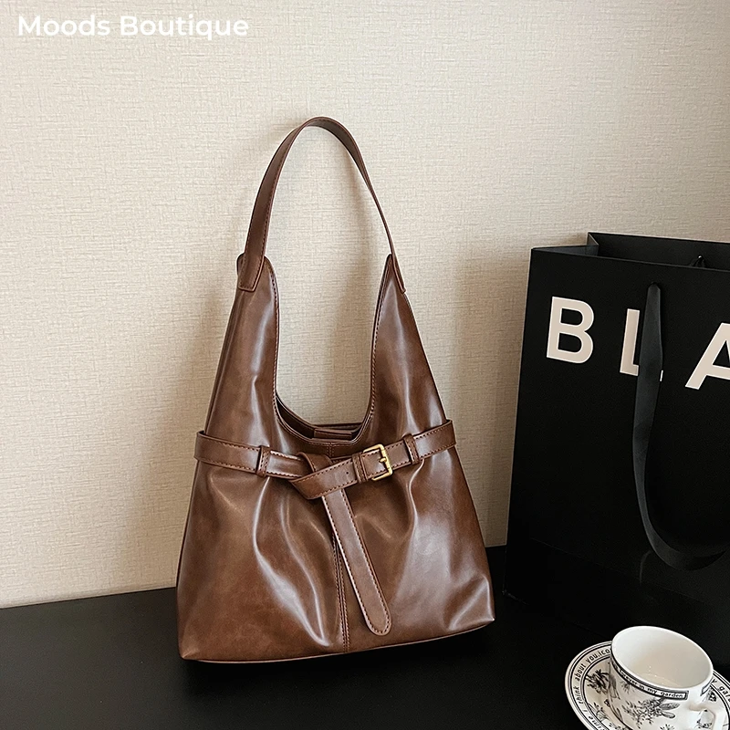 

MOODS Retro Underarm Shoulder Hobo Bags For Women 2025 Luxury Designer Handbags PU Leather Pure Color Big Capacity Shopper Totes